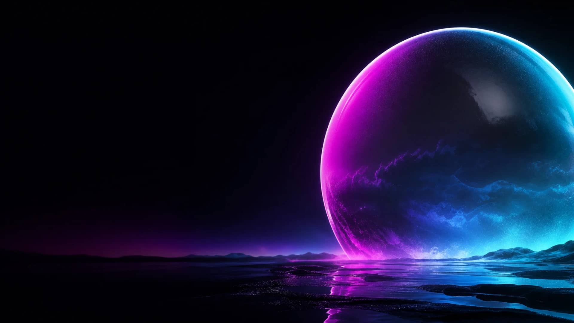 A glowing sphere rising over a dark minimal horizon at dawn, lit in magenta and cyan light
