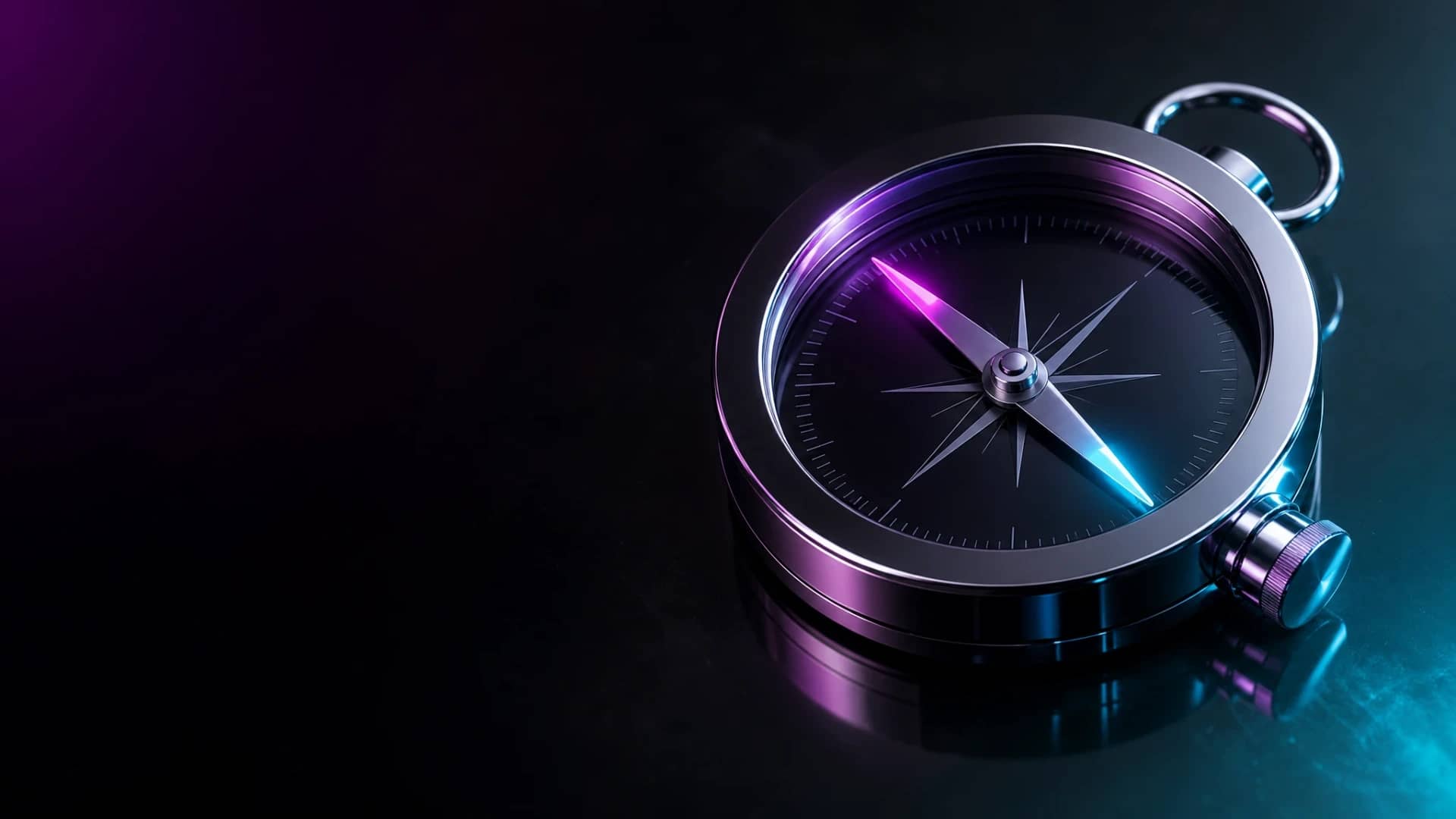 A precision chrome compass with a glowing needle on a black glass surface, lit in magenta and cyan light