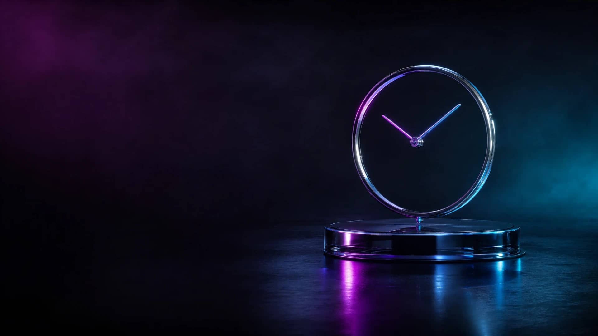 A minimalist chrome clock face with no numerals and two thin glowing hands, lit in magenta and cyan light