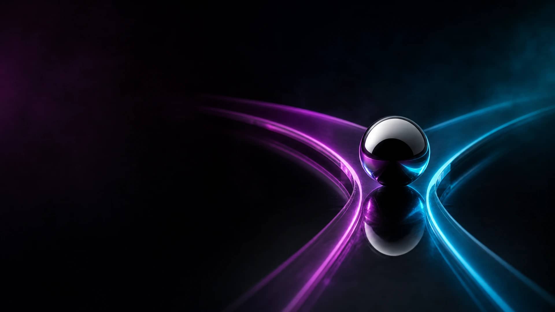 Chrome sphere at the fork of diverging glass paths, one magenta and one cyan, receding into darkness.