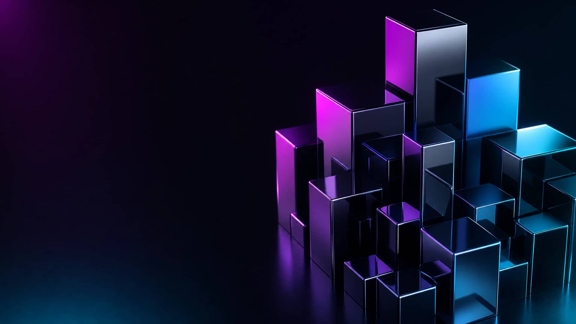 A descending cluster of polished obsidian and chrome cubes lit in magenta and violet neon light, arranged like a declining financial skyline.