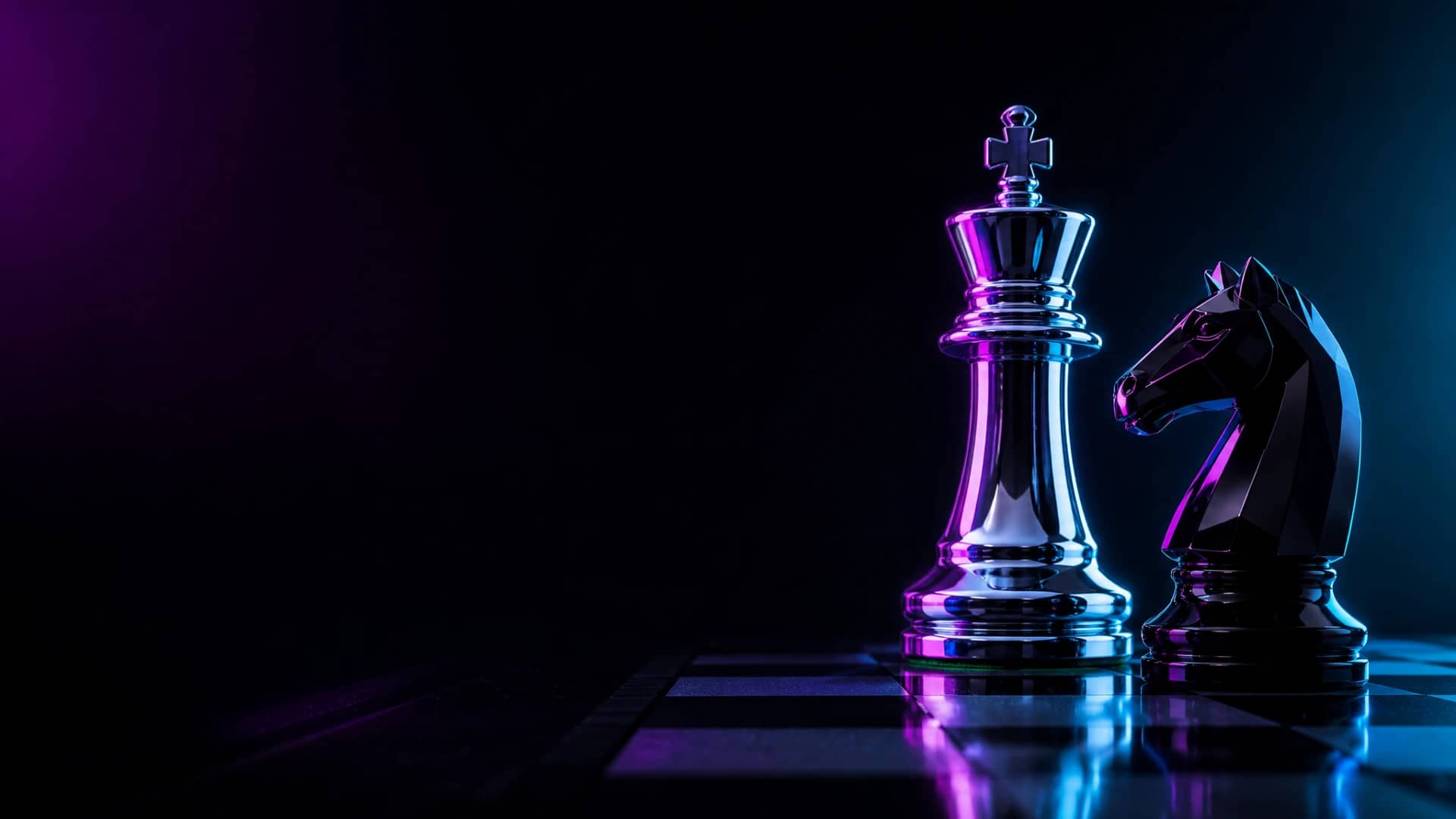 Chrome chess king and black obsidian knight facing each other on a glossy black board, dramatic rim light in magenta and cyan.