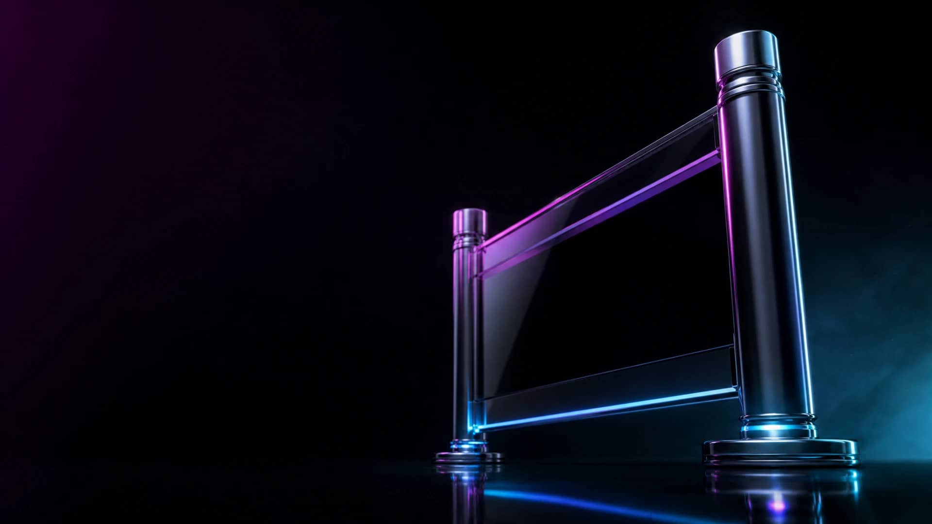 Geometric chrome and obsidian barrier angled on black mirror floor, with magenta and cyan light tracing across it