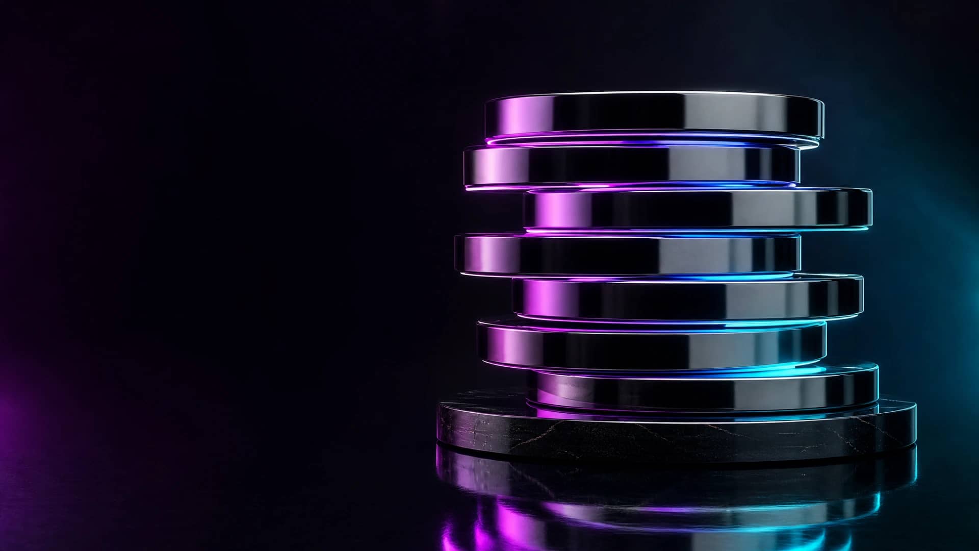 Chrome coin stack on obsidian base lit with magenta and cyan neon light.