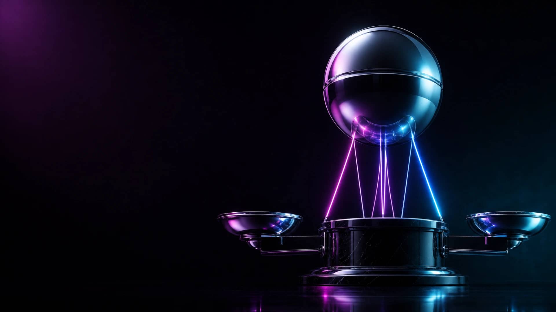 Polished chrome sphere suspended above obsidian base by glowing neon filaments in magenta and cyan light.