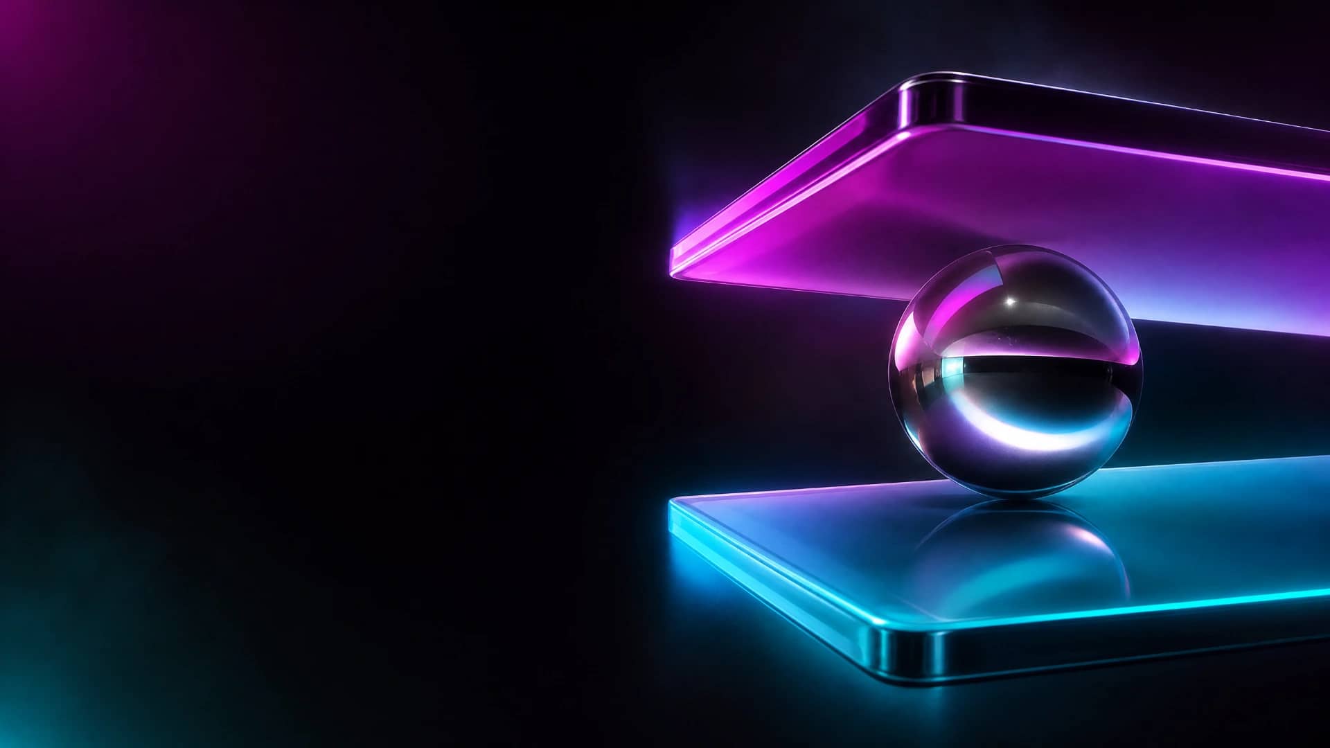 A chrome sphere suspended between two glowing glass planes, magenta above and cyan below, marking the regulatory threshold for halting contracts.