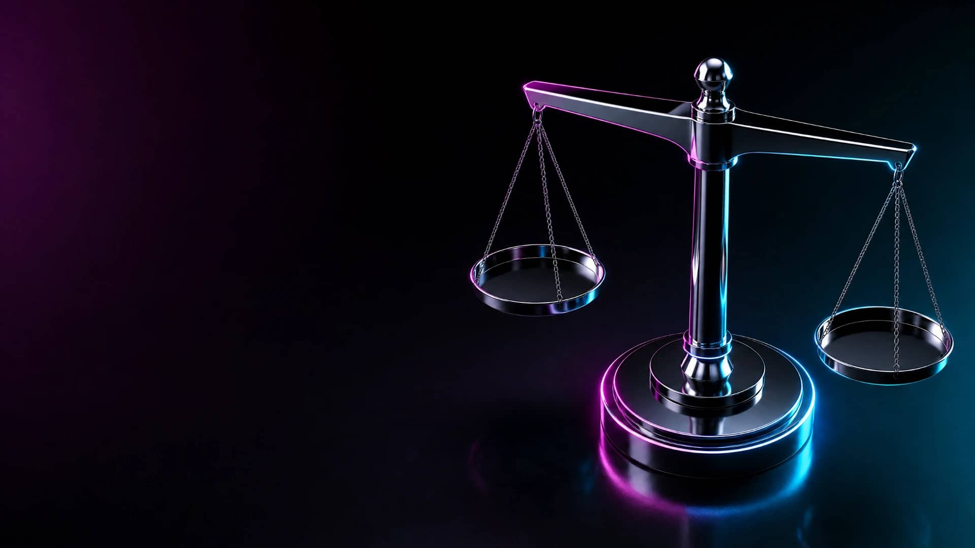 Chrome and obsidian balance scale with magenta and cyan neon light, symbolizing regulatory evaluation.
