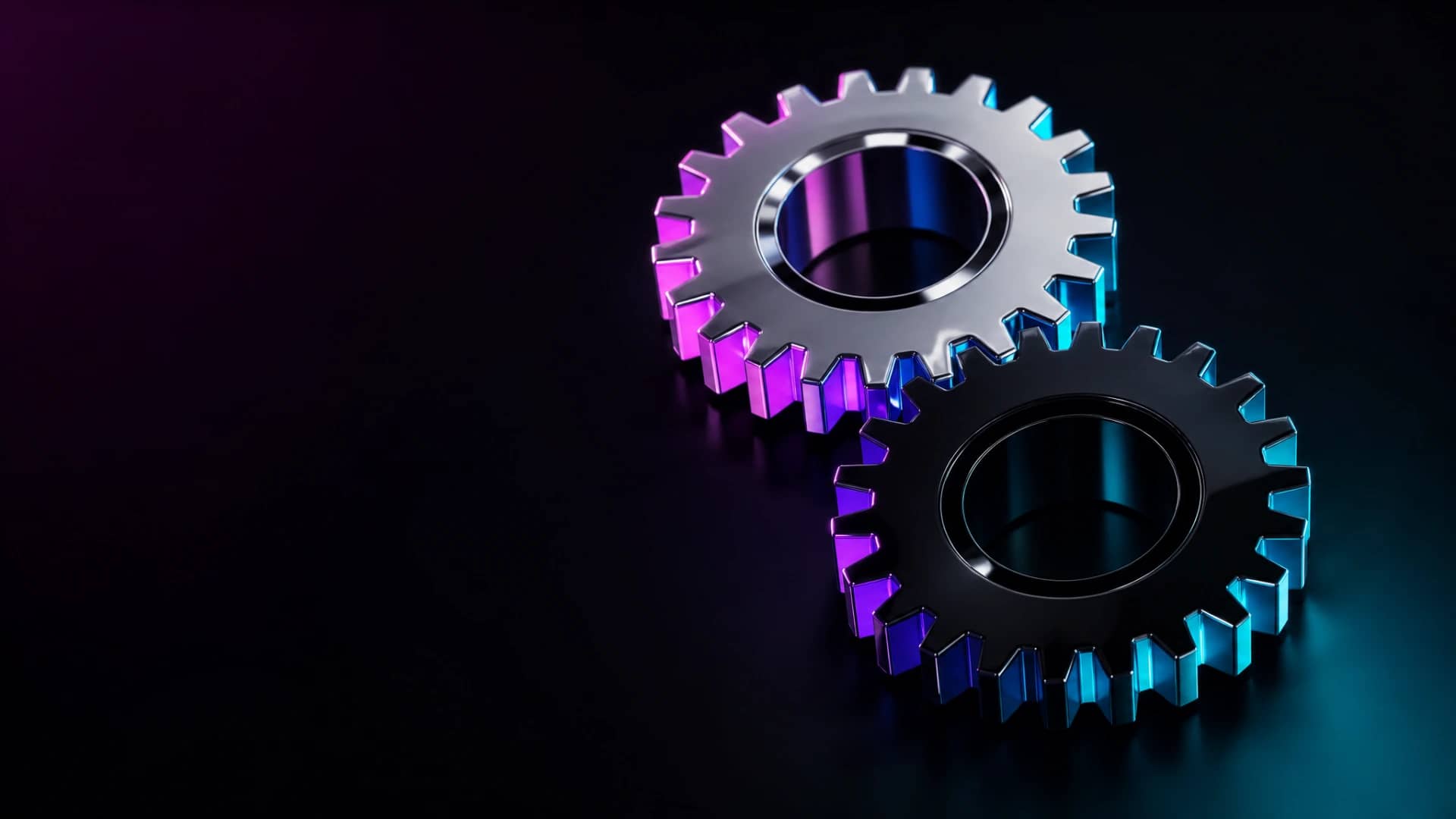 Two interlocking gears, one chrome and one obsidian, meshing with magenta and cyan neon light.