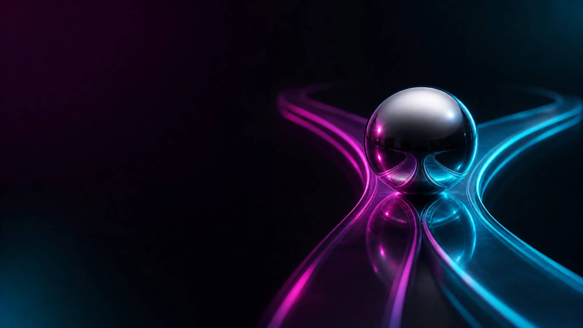 Chrome sphere at the fork of two diverging neon paths: one magenta, one cyan, glowing against dark.