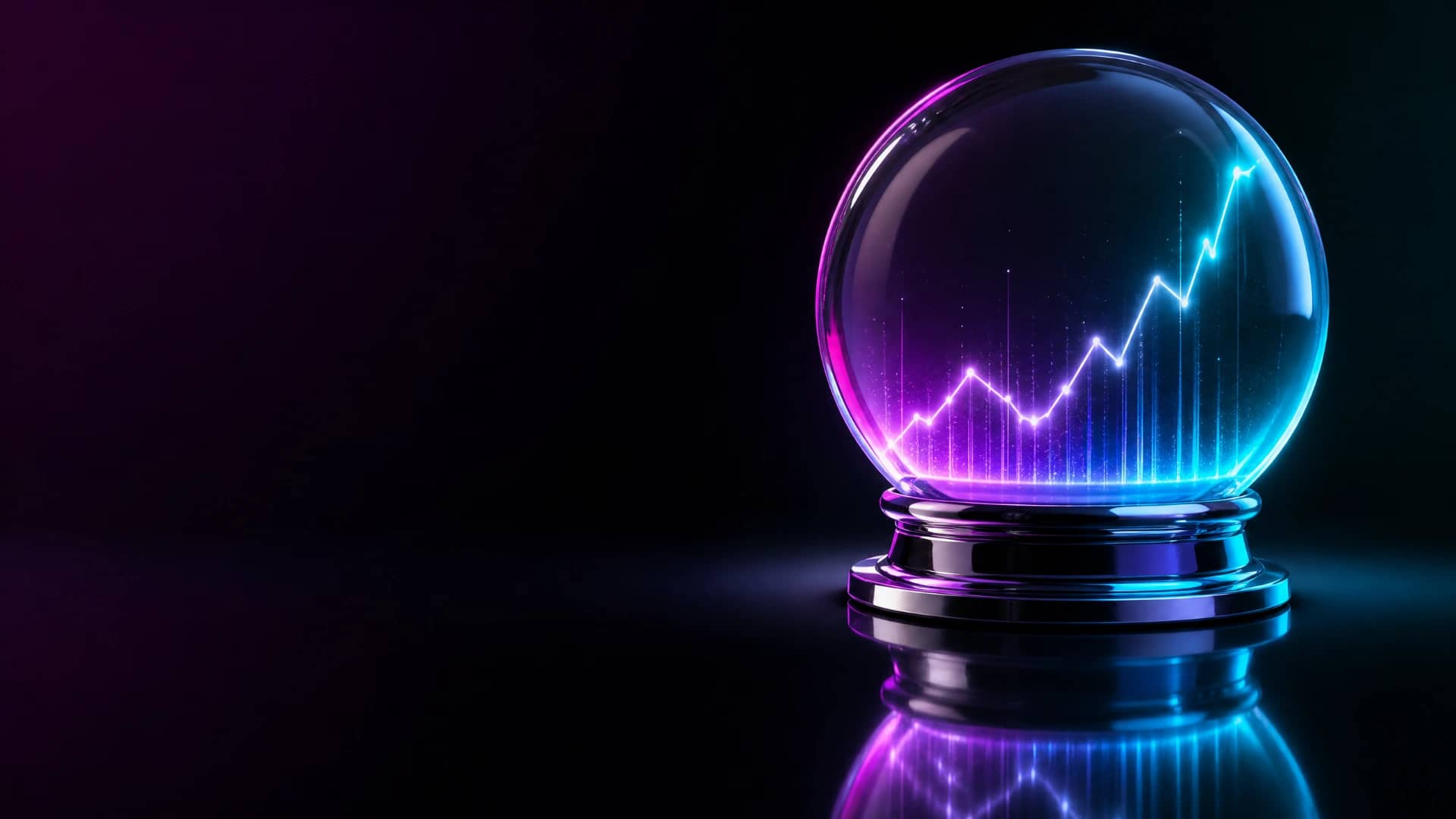 Crystal sphere on chrome stand with glowing rising line chart inside, lit in magenta, violet, blue and cyan neon light.