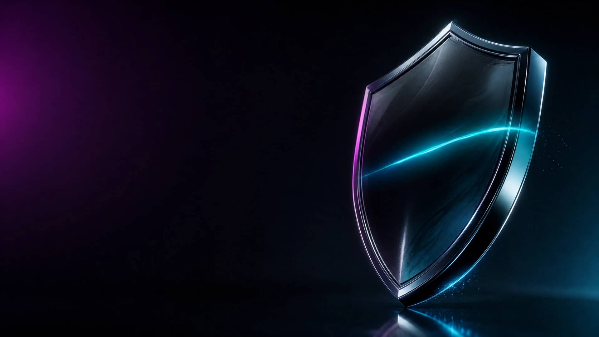 Obsidian shield with chrome rim floating above black glass, swept by a cyan scan line.