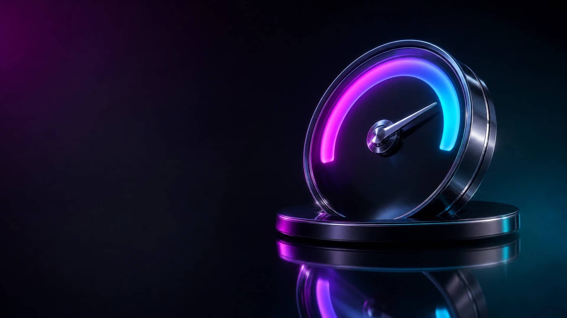 Chrome probability dial with glowing magenta-to-cyan neon arc on obsidian background, floating in space.