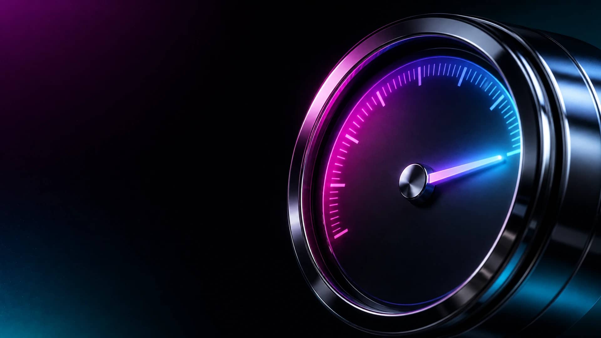 A chrome dial gauge with glowing magenta-to-cyan neon arc and needle on obsidian background.
