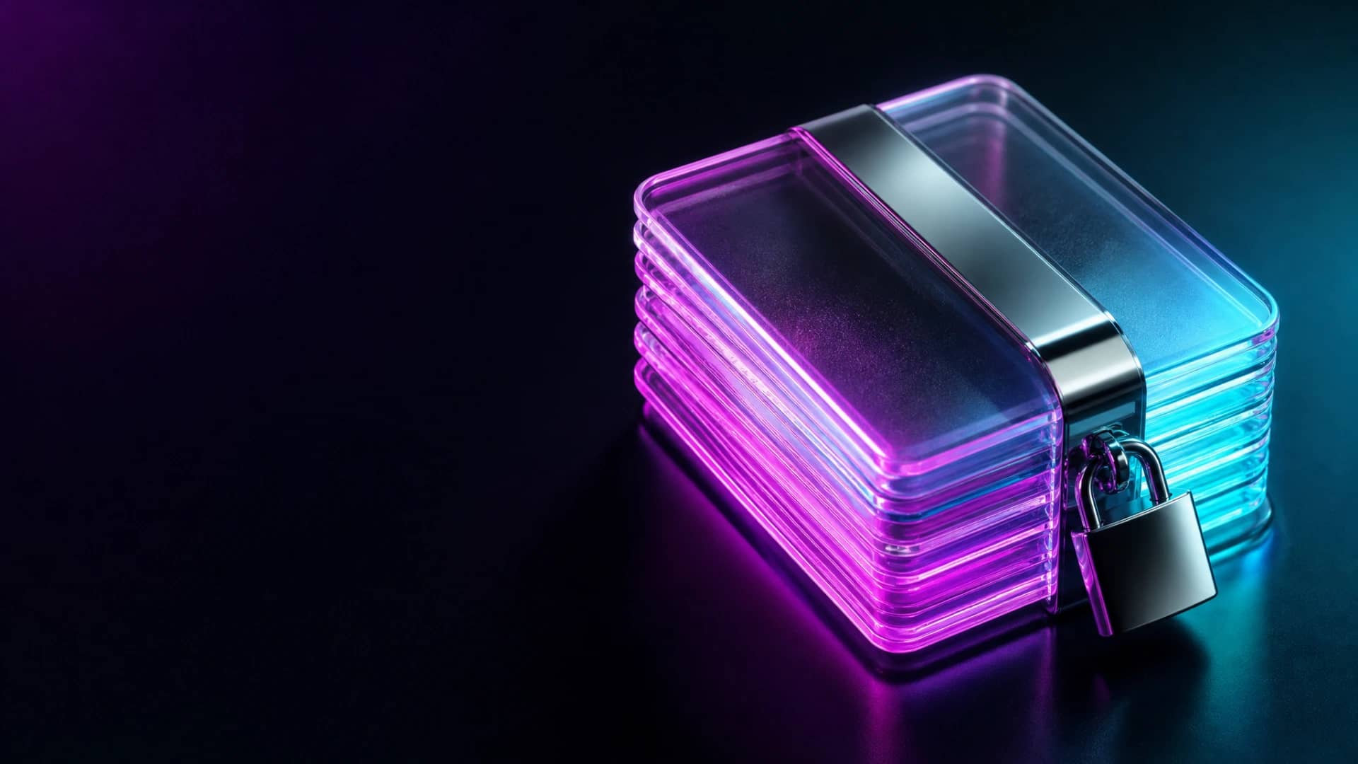 Frosted glass sheets stacked and bound by chrome clasp and padlock, glowing in magenta and cyan neon, photographed from above.