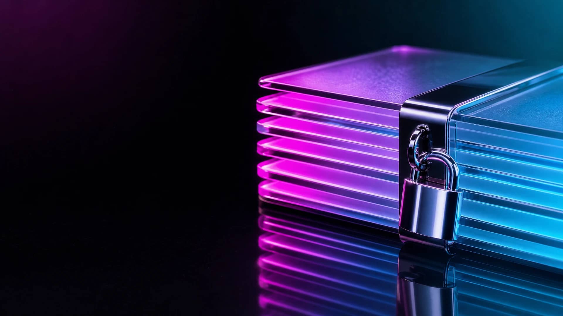 Frosted glass sheets with chrome clasp and padlock, glowing in magenta and cyan neon on black background.