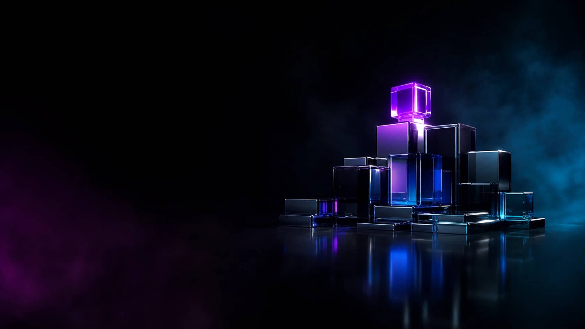 A cluster of polished obsidian and chrome cubes arranged like a skyline, with one cube rising above and glowing in violet neon light.
