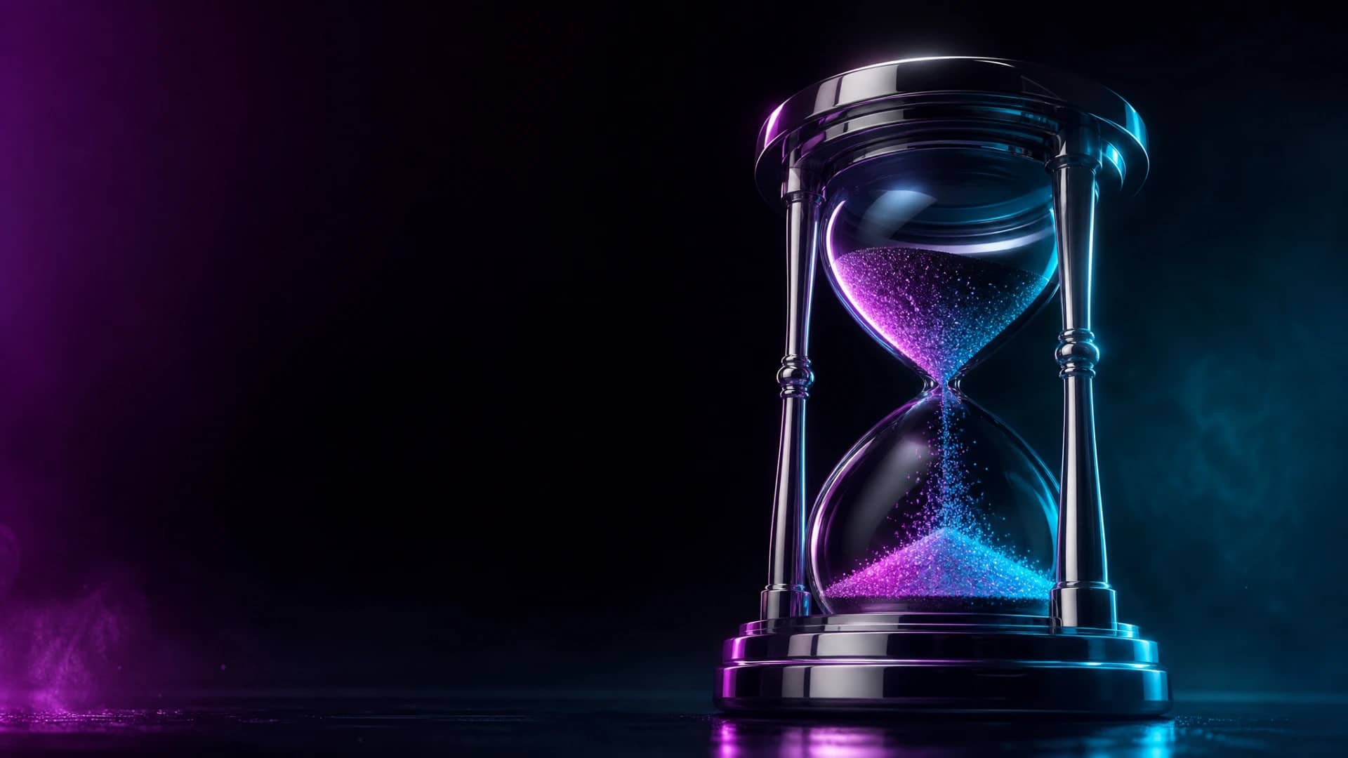 A chrome and glass hourglass with glowing magenta and cyan particles flowing through it, on a dark surface.