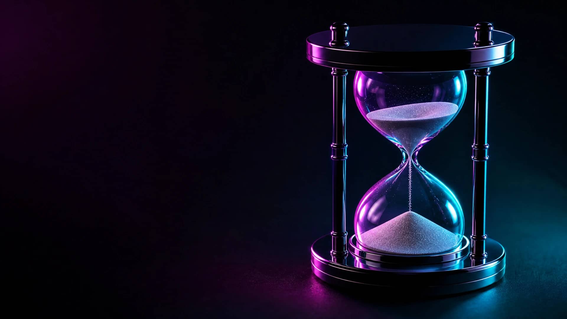 Obsidian hourglass with frozen sand, glowing in magenta and cyan neon light.