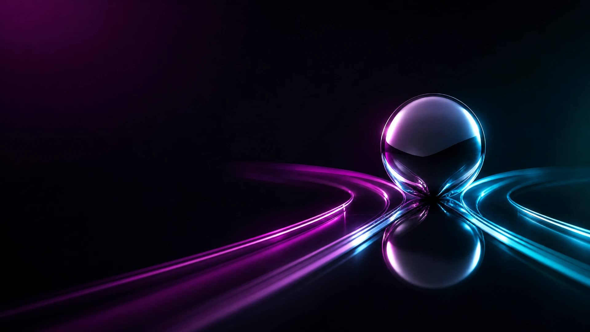 A chrome sphere at the junction of two diverging glass paths, glowing magenta and cyan, against a near-black background.