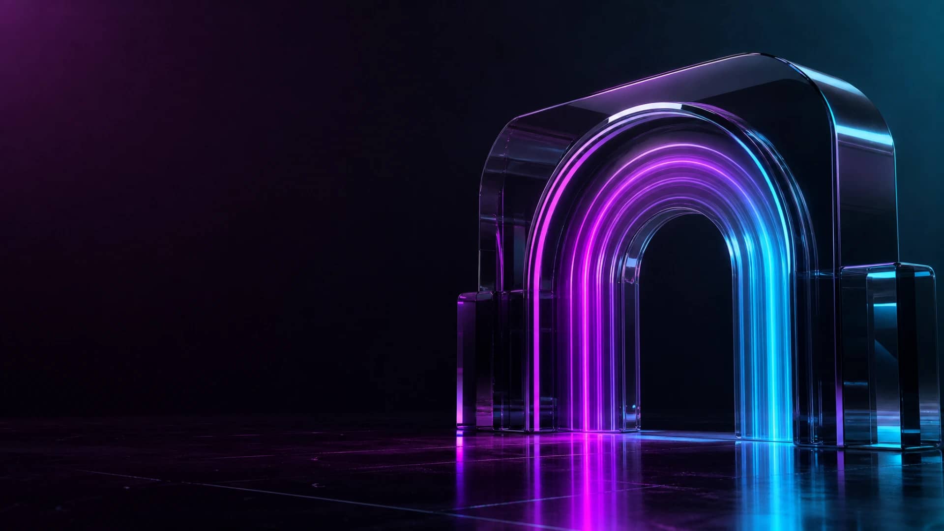 Glass gateway arch emitting concentric rings of magenta, violet, and cyan neon light against black.