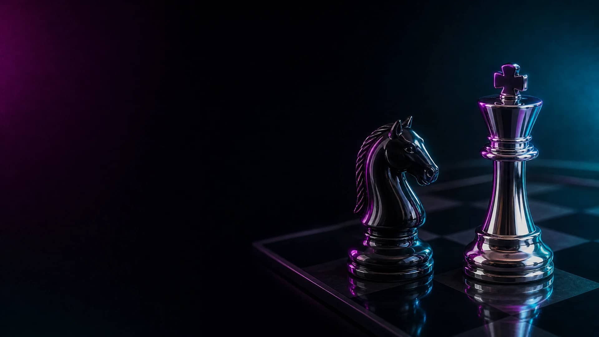 A chrome chess king and black obsidian knight facing each other on a reflective board, dramatically lit with magenta and cyan neon light.