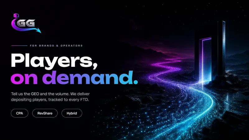 iGG graphic: a glowing road of players flowing towards a portal, captioned "Players, on demand."