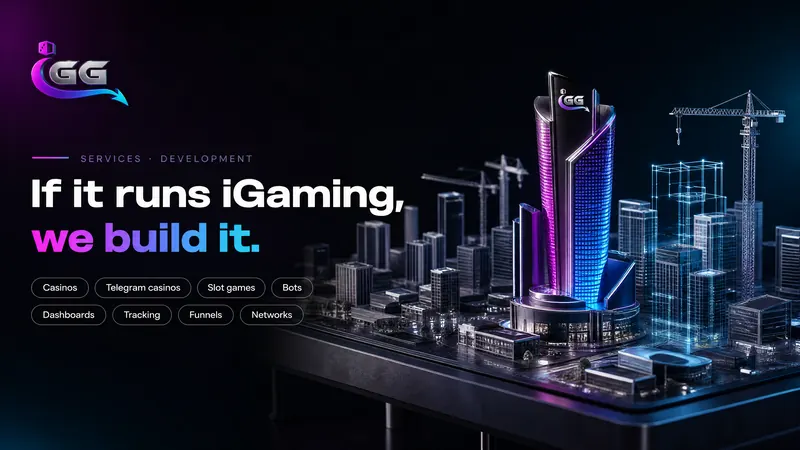 iGG graphic: a glass city model under construction, captioned "If it runs iGaming, we build it."